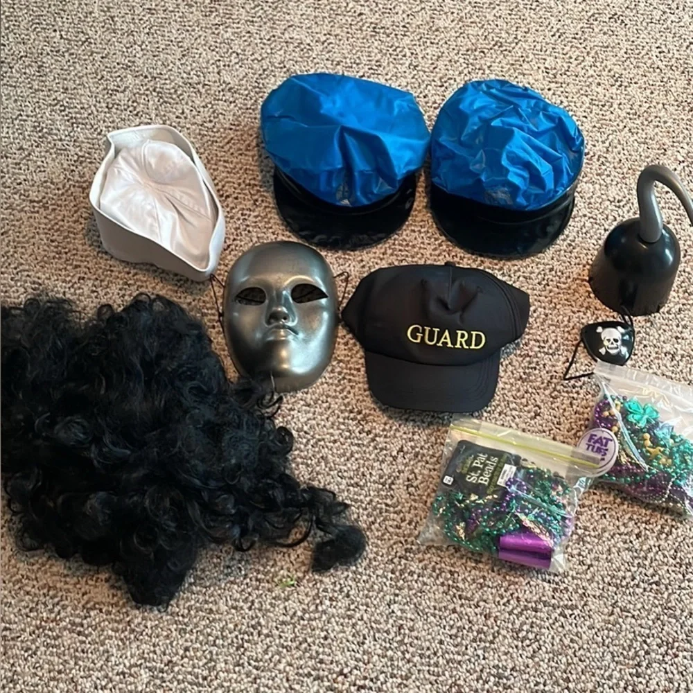 Bundle of Halloween Items. Police & Sailor Hats, Black Wig, Mardi Gra Beads